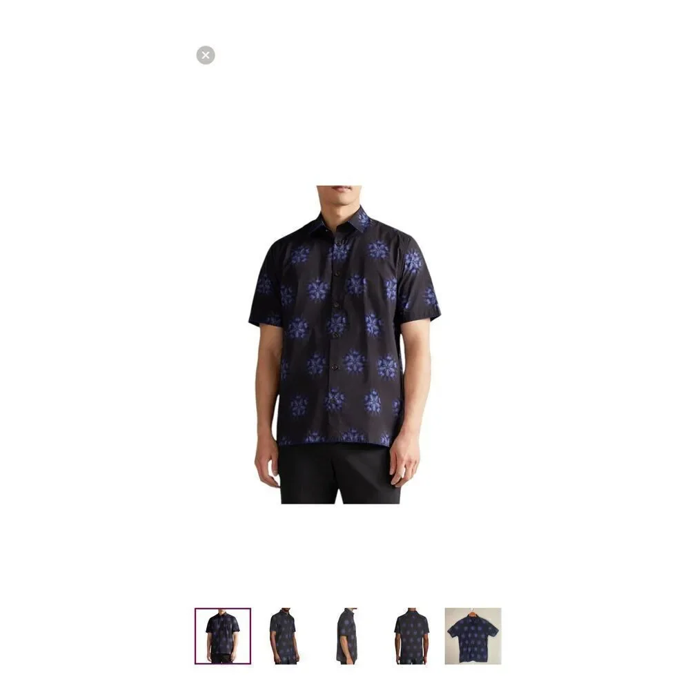 a Ted Baker Paden black short sleeve shirt with a blue floral print